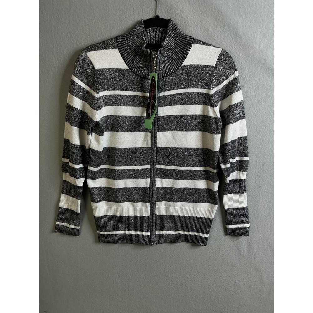 Questions Petites Sweater Women's MP Metallic Stripe Zip Up Cardigan Sweater NWT
